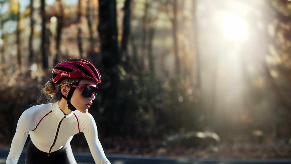 featuring a female cyclist wearing a red helmet and white jersey, riding outdoors under bright sunlight