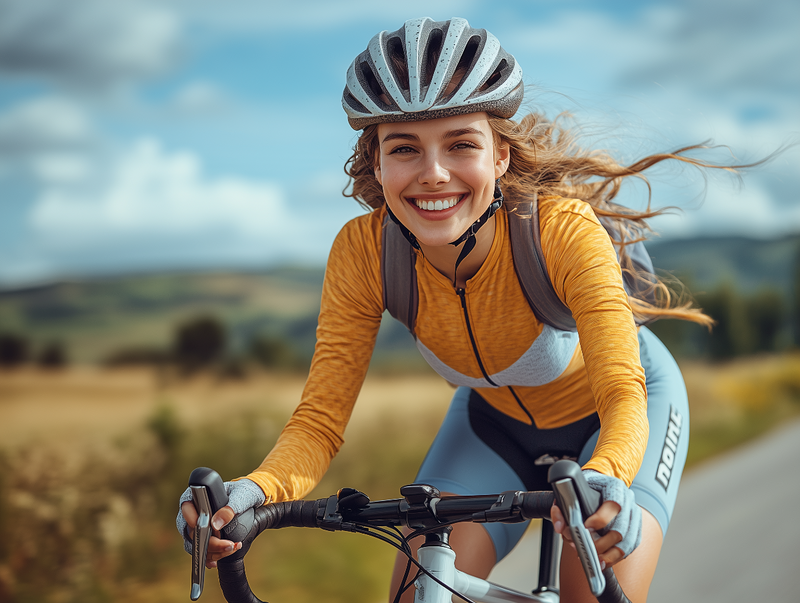 Young female cyclist wearing a classic jersey while riding a road bike, showcasing vintage style and athletic energy