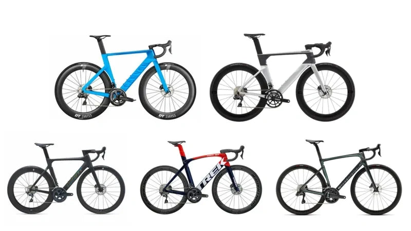 A selection of five aero road bicycles in different designs and colors.