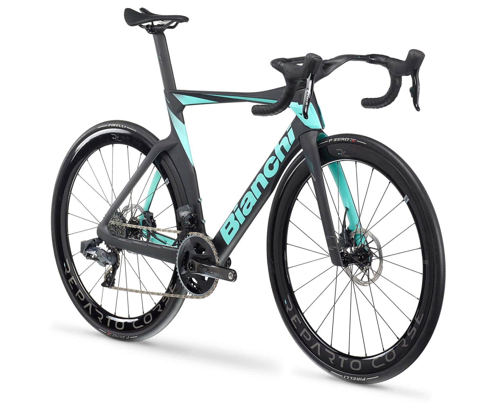 Aerodynamic road bike with teal and black frame and high-performance tires.
