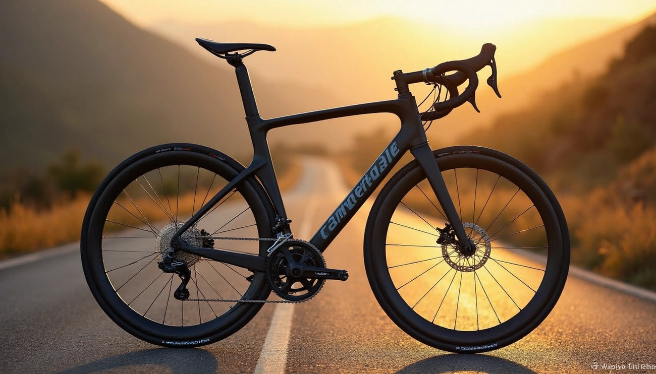 A bicycle on a road during sunset with mountains in the background.