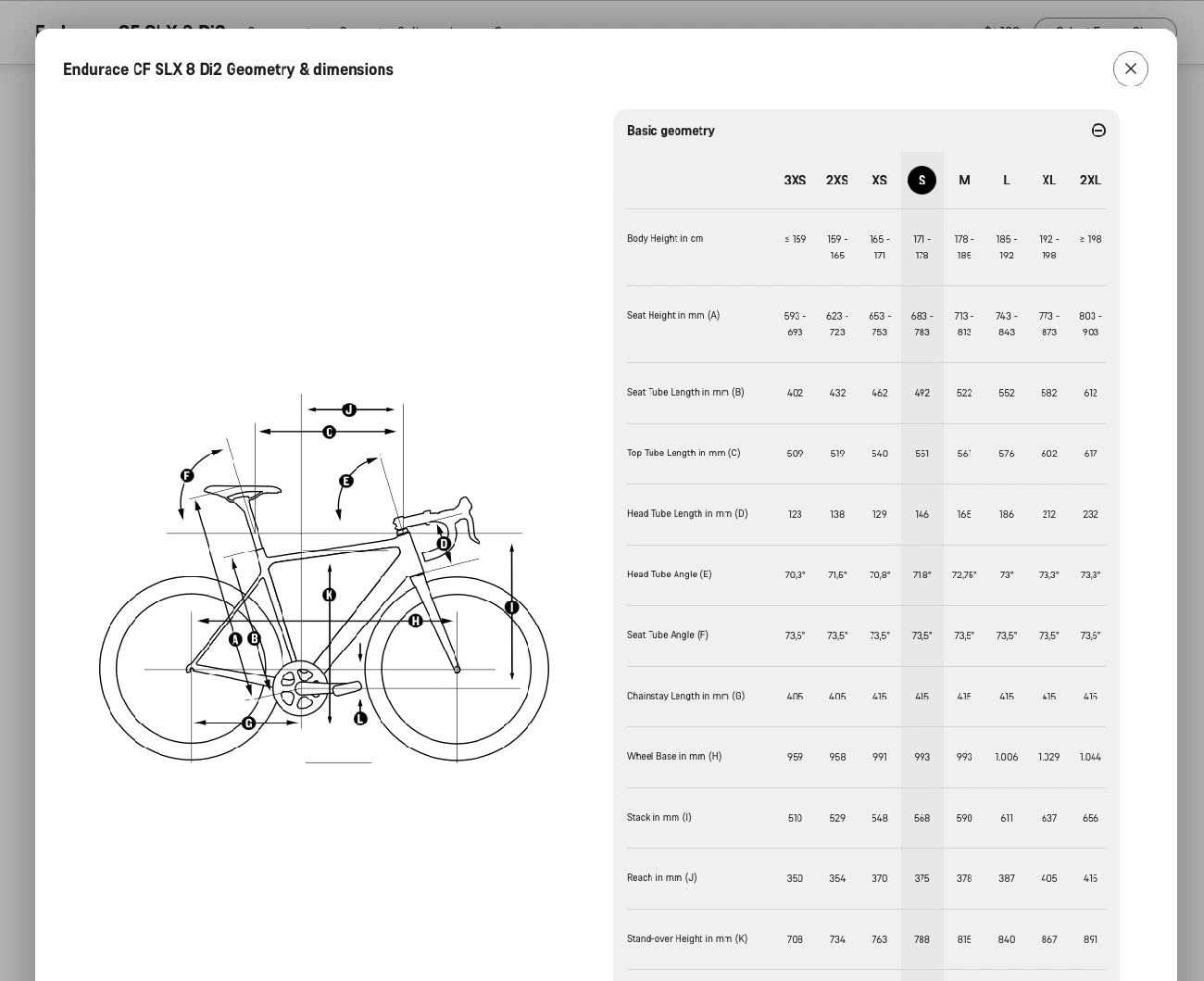 Bicycle geometry chart with detailed dimensions and measurements for various sizes.