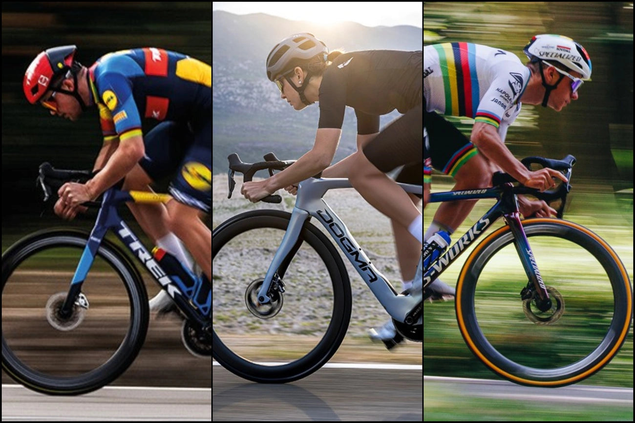 Three cyclists in motion, each on different branded road bikes, captured in side profile.
