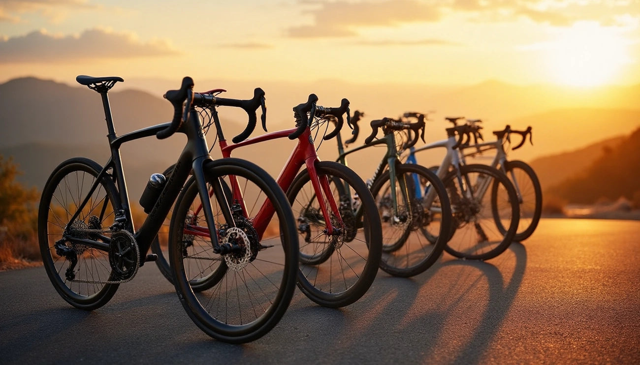 Several road bikes lined up on a road with a sunset in the background.