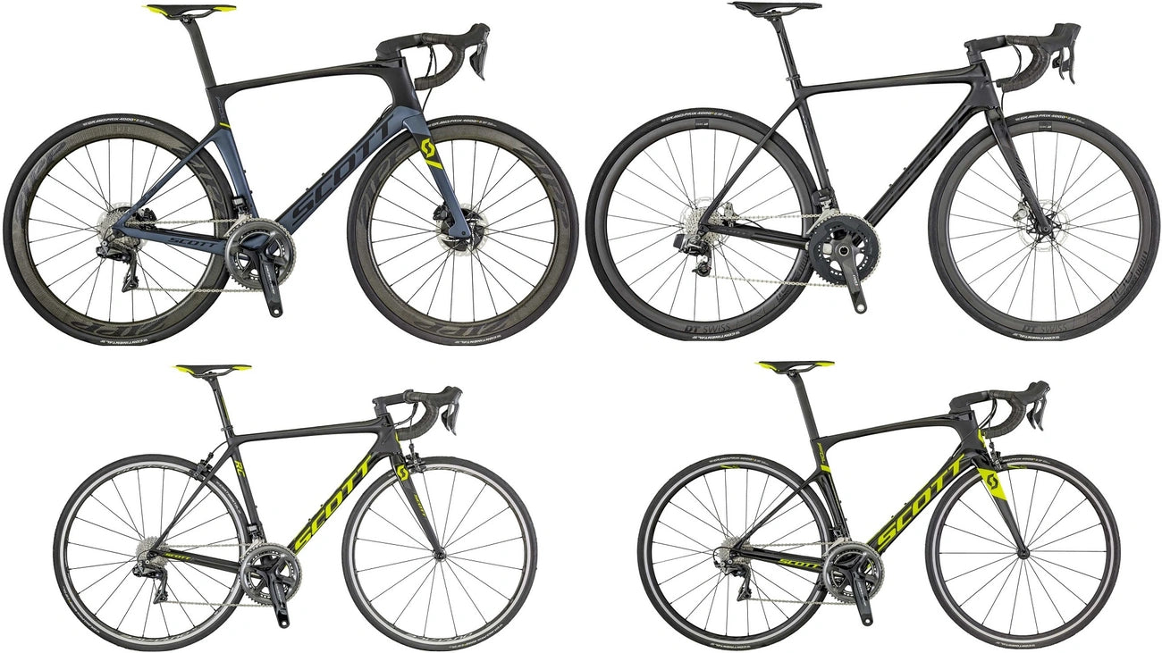Comparison of four Scott road bikes with different designs and components.