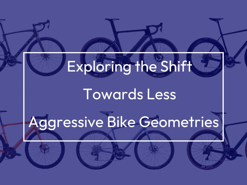 Image featuring multiple bicycles with text discussing the shift towards less aggressive bike geometries.