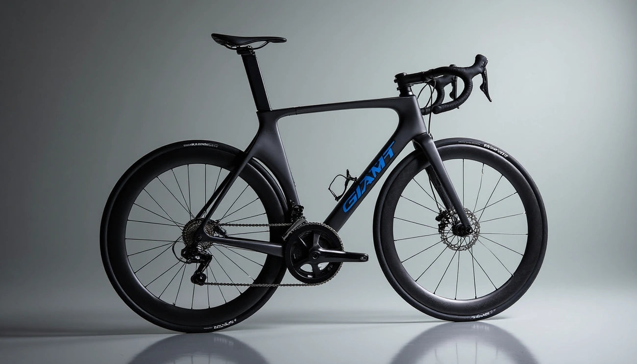 A sleek modern aero bike with a matte black finish and aerodynamic design.