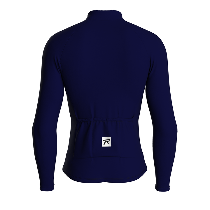 men's long sleeves cycling jersey in midnight blue for autumn and winter. featuring black zipper, black stitching, and made with quick-drying breathable fabric. - backmen's long sleeves cycling jersey in midnight blue for autumn and winter. featuring black zipper, black stitching, and made with quick-drying breathable fabric. - back