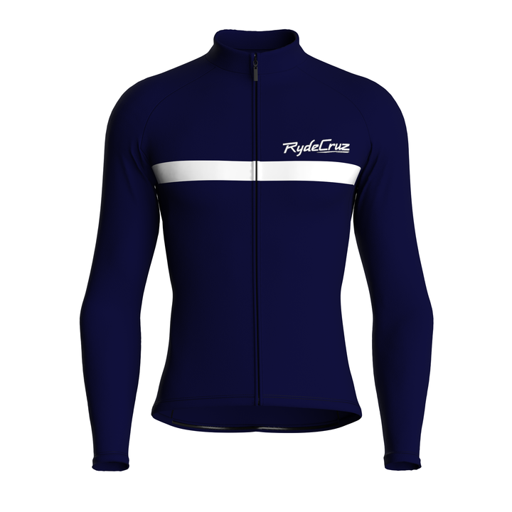 men's long sleeves cycling jersey in midnight blue for autumn and winter. featuring black zipper, black stitching, and made with quick-drying breathable fabric.men's long sleeves cycling jersey in dark navy for autumn and winter. featuring black zipper, black stitching, and made with quick-drying breathable fabric. - frontmen's long sleeves cycling jersey in midnight blue for autumn and winter. featuring black zipper, black stitching, and made with quick-drying breathable fabric. - front