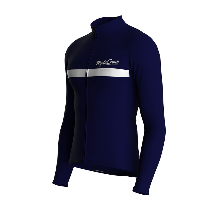 men's long sleeves cycling jersey in midnight blue for autumn and winter. featuring black zipper, black stitching, and made with quick-drying breathable fabric. - front leftmen's long sleeves cycling jersey in midnight blue for autumn and winter. featuring black zipper, black stitching, and made with quick-drying breathable fabric. - front left