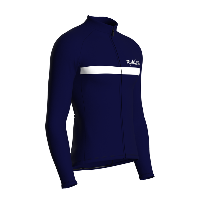 men's long sleeves cycling jersey in midnight blue for autumn and winter. featuring black zipper, black stitching, and made with quick-drying breathable fabric. - front rightmen's long sleeves cycling jersey in midnight blue for autumn and winter. featuring black zipper, black stitching, and made with quick-drying breathable fabric. - front right