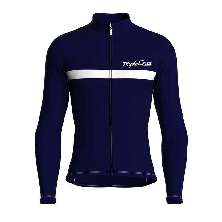 men's long sleeves cycling jersey in midnight blue for autumn and winter. featuring white zipper, white stitching, and made with quick-drying breathable fabric.men's long sleeves cycling jersey in midnight blue for autumn and winter. featuring white zipper, white stitching, and made with quick-drying breathable fabric. - frontmen's long sleeves cycling jersey in midnight blue for autumn and winter. featuring white zipper, white stitching, and made with quick-drying breathable fabric. - front